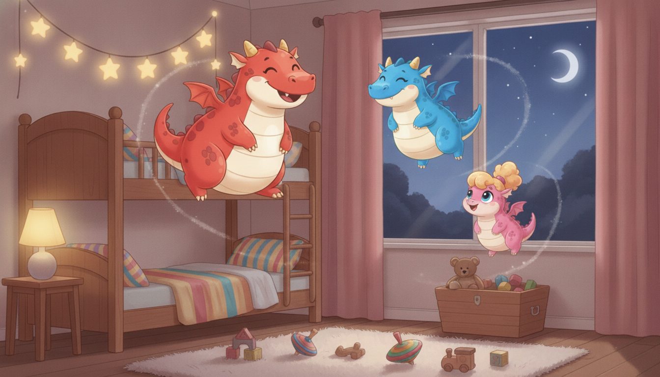 Three baby dragons, red, blue and pink, flying around a cosy bedroom at dusk