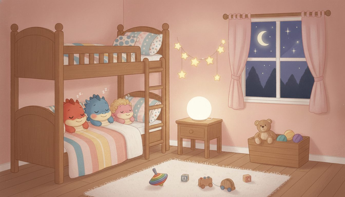 The same three dragons asleep side by side in the bottom bunk of the same bedroom